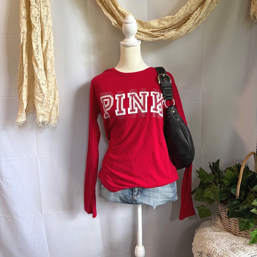 Y2M Victoria's Secret PINK Red Long Sleeve Rhinestone Logo Graphic Tee Shirt M